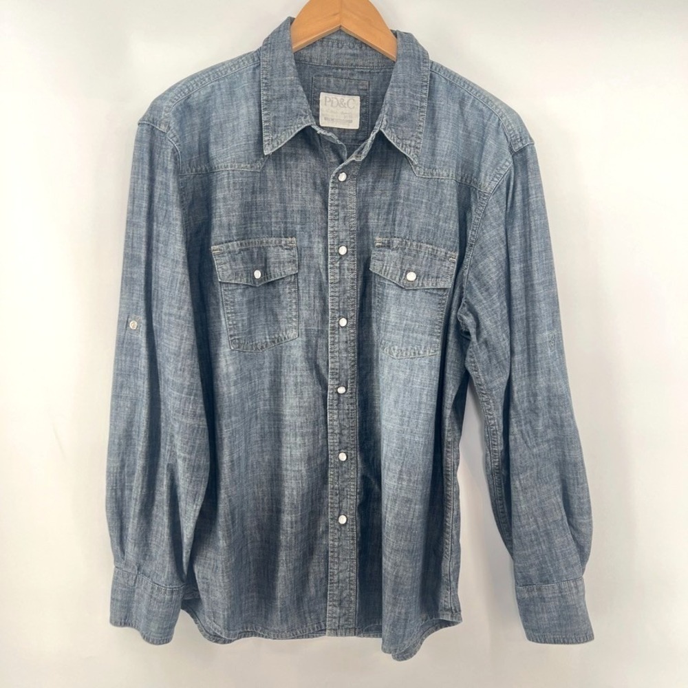 PD&C Blue Denim Chambray 100% Cotton Pearl Snap Western Button Down Shirt Work L